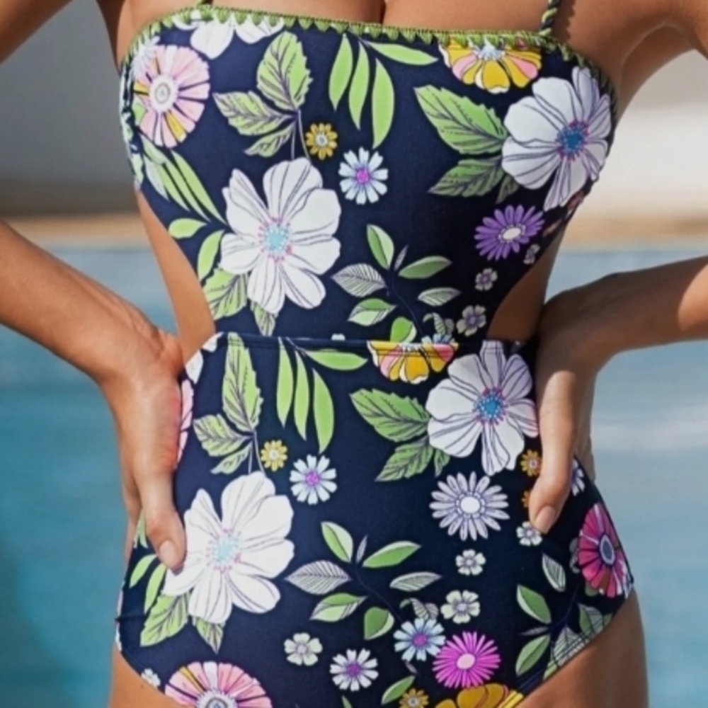 Cupshe Blue One Piece Swimsuit with Tropical Floral Design